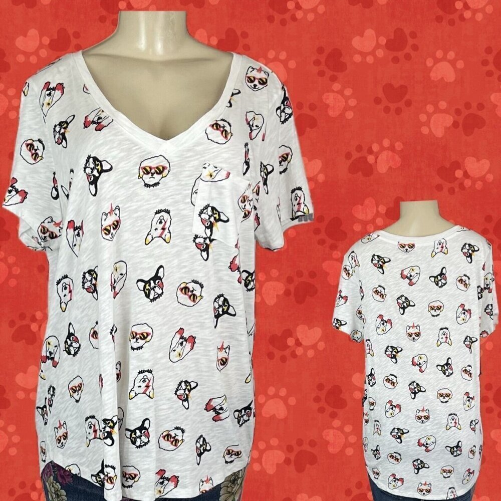 Torrid 0/L White Heather Dog Faces Print V-Neck‎ Pocket Cotton Short Sleeve Tee